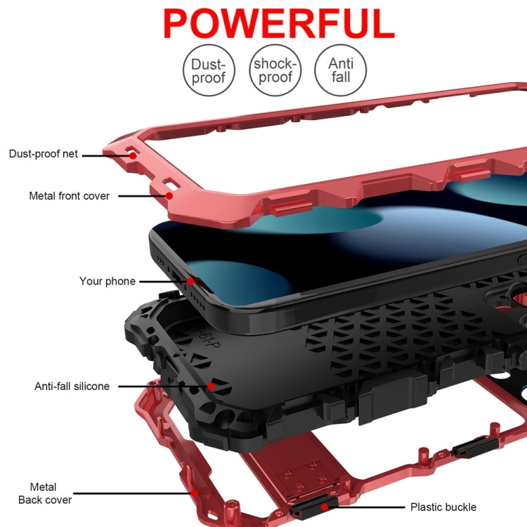 For iPhone 15 Pro R-JUST Metal + Silicone + Tempered Glass Life Waterproof Phone Case with Holder(Red) - iPhone 15 Pro Cases by R-JUST | Online Shopping South Africa | PMC Jewellery