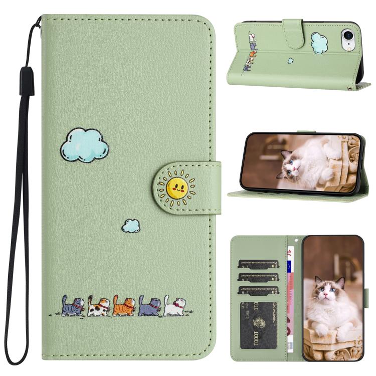 For iPhone 16e Cartoon Cats Leather Phone Case(Green) - iPhone 16e Cases by PMC TechLife | Online Shopping South Africa | PMC TechLife | Buy Now Pay Later Mobicred