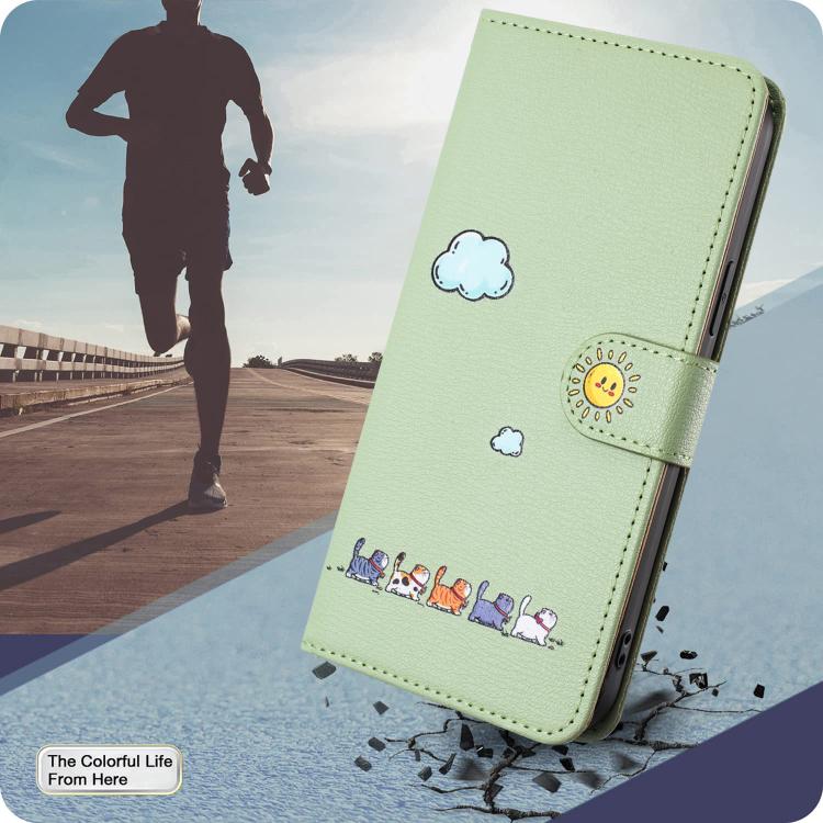 For iPhone 16e Cartoon Cats Leather Phone Case(Green) - iPhone 16e Cases by PMC TechLife | Online Shopping South Africa | PMC TechLife | Buy Now Pay Later Mobicred