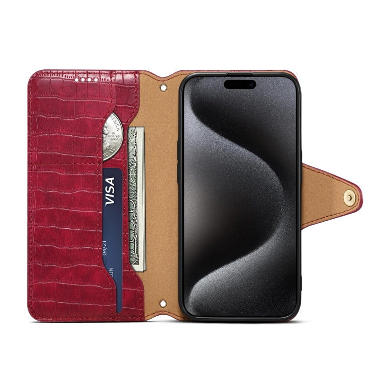 For iPhone 16 Denior Crocodile Texture Oil Edge Leather Phone Case(Rose Red) - iPhone 16 Cases by Denior | Online Shopping South Africa | PMC Jewellery | Buy Now Pay Later Mobicred