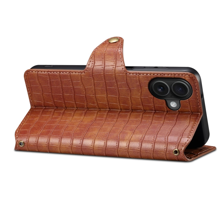 For iPhone 16 Plus Denior Crocodile Texture Oil Edge Leather Phone Case(Brown) - iPhone 16 Plus Cases by Denior | Online Shopping South Africa | PMC Jewellery | Buy Now Pay Later Mobicred