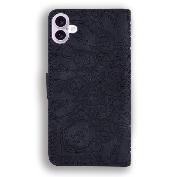 For iPhone 16 Mandala Embossed Dual-Fold Calf Leather Phone Case(Black) - iPhone 16 Cases by PMC Jewellery | Online Shopping South Africa | PMC Jewellery | Buy Now Pay Later Mobicred