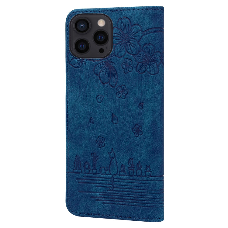 For iPhone 16 Pro Cartoon Sakura Cat Embossed Leather Phone Case(Royal Blue) - iPhone 16 Pro Cases by PMC TechLife | Online Shopping South Africa | PMC TechLife | Buy Now Pay Later Mobicred