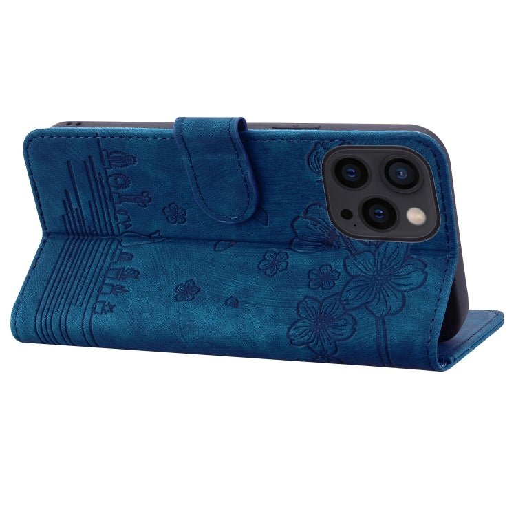 For iPhone 16 Pro Cartoon Sakura Cat Embossed Leather Phone Case(Royal Blue) - iPhone 16 Pro Cases by PMC TechLife | Online Shopping South Africa | PMC TechLife | Buy Now Pay Later Mobicred