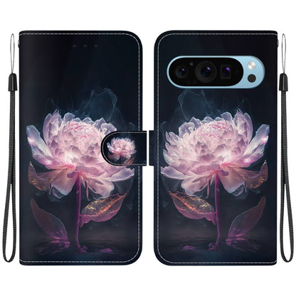 For Google Pixel 9 Crystal Texture Colored Drawing Leather Phone Case(Purple Peony) - Google Cases by PMC Jewellery | Online Shopping South Africa | PMC Jewellery | Buy Now Pay Later Mobicred