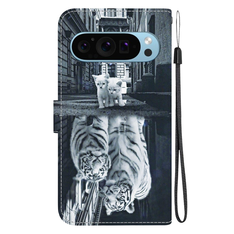 For Google Pixel 9 Crystal Texture Colored Drawing Leather Phone Case(Cat Tiger Reflection) - Google Cases by PMC Jewellery | Online Shopping South Africa | PMC Jewellery | Buy Now Pay Later Mobicred