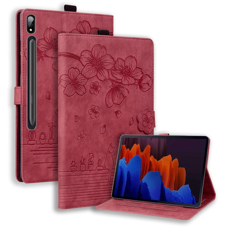 For Samsung Galaxy Tab S9+ /S8+ /S7+ Cartoon Sakura Cat Embossed Smart Leather Tablet Case(Red) - Galaxy Tab S9+ Cases by PMC Jewellery | Online Shopping South Africa | PMC Jewellery | Buy Now Pay Later Mobicred