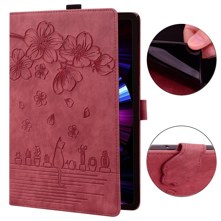 For Samsung Galaxy Tab S9+ /S8+ /S7+ Cartoon Sakura Cat Embossed Smart Leather Tablet Case(Red) - Galaxy Tab S9+ Cases by PMC Jewellery | Online Shopping South Africa | PMC Jewellery | Buy Now Pay Later Mobicred