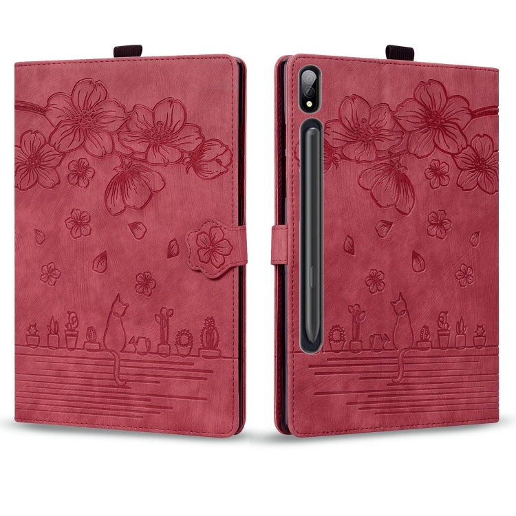 For Samsung Galaxy Tab S9 /S8 /S7 Cartoon Sakura Cat Embossed Smart Leather Tablet Case(Red) - Galaxy Tab S9 Cases by PMC Jewellery | Online Shopping South Africa | PMC Jewellery | Buy Now Pay Later Mobicred