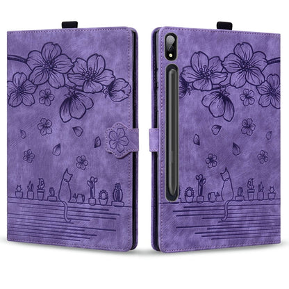 For Samsung Galaxy Tab S9 /S8 /S7 Cartoon Sakura Cat Embossed Smart Leather Tablet Case(Purple) - Galaxy Tab S9 Cases by PMC Jewellery | Online Shopping South Africa | PMC Jewellery | Buy Now Pay Later Mobicred