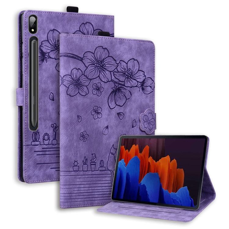 For Samsung Galaxy Tab S9 Ultra /S8 Ultra Cartoon Sakura Cat Embossed Leather Tablet Case(Purple) - Galaxy Tab S9 Ultra Cases by PMC Jewellery | Online Shopping South Africa | PMC Jewellery | Buy Now Pay Later Mobicred