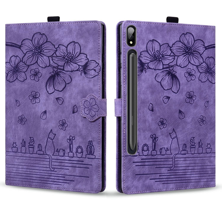 For Samsung Galaxy Tab S9 Ultra /S8 Ultra Cartoon Sakura Cat Embossed Leather Tablet Case(Purple) - Galaxy Tab S9 Ultra Cases by PMC Jewellery | Online Shopping South Africa | PMC Jewellery | Buy Now Pay Later Mobicred