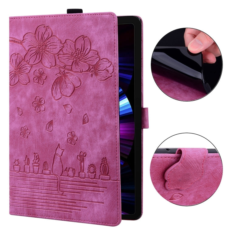 For Samsung Galaxy Tab S9 FE Cartoon Sakura Cat Embossed Leather Tablet Case(Rose Red) - Galaxy Tab S9 FE by PMC Jewellery | Online Shopping South Africa | PMC Jewellery | Buy Now Pay Later Mobicred