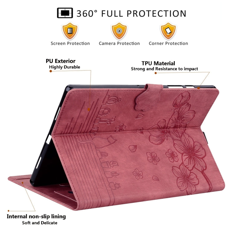 For Samsung Galaxy Tab S9 FE Cartoon Sakura Cat Embossed Leather Tablet Case(Red) - Galaxy Tab S9 FE by PMC Jewellery | Online Shopping South Africa | PMC Jewellery | Buy Now Pay Later Mobicred