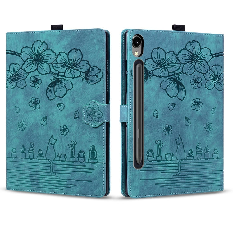 For Samsung Galaxy Tab S9 FE+ Cartoon Sakura Cat Embossed Leather Tablet Case(Green) - Galaxy Tab S9 FE+ by PMC Jewellery | Online Shopping South Africa | PMC Jewellery | Buy Now Pay Later Mobicred