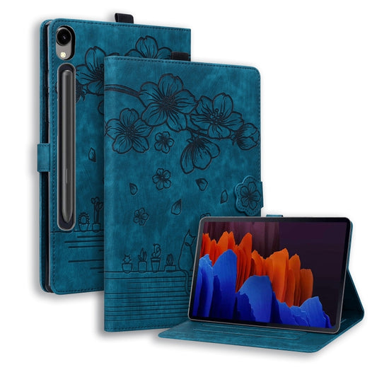 For Samsung Galaxy Tab S9 FE+ Cartoon Sakura Cat Embossed Leather Tablet Case(Blue) - Galaxy Tab S9 FE+ by PMC Jewellery | Online Shopping South Africa | PMC Jewellery | Buy Now Pay Later Mobicred