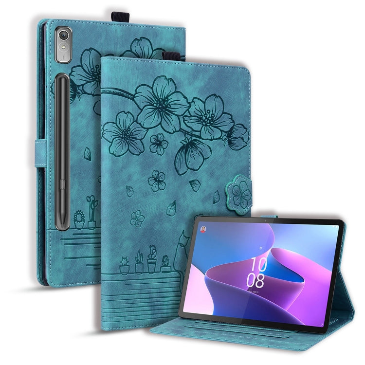 For Lenovo Tab P12 12.7 Cartoon Sakura Cat Embossed Leather Tablet Case(Green) - Lenovo by PMC Jewellery | Online Shopping South Africa | PMC Jewellery | Buy Now Pay Later Mobicred