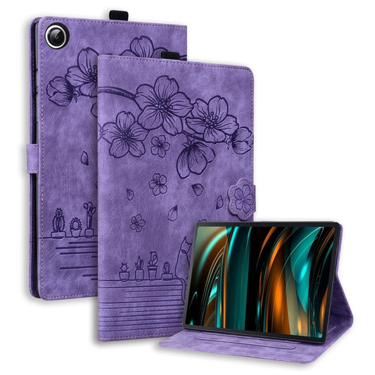 For Lenovo Tab M11 / Xiaoxin Pad 11 2024 Cartoon Sakura Cat Embossed Leather Tablet Case(Purple) - Lenovo by PMC Jewellery | Online Shopping South Africa | PMC Jewellery | Buy Now Pay Later Mobicred