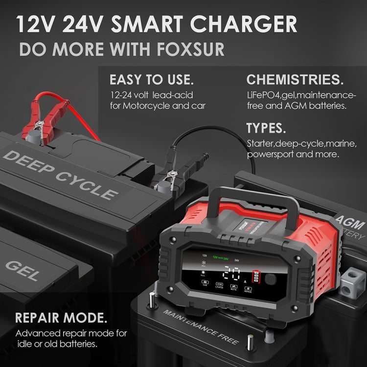 FOXSUR 12V / 24V 20A 300W Portable Motorcycle Car Smart Battery Charger(US Plug) - Battery Charger by FOXSUR | Online Shopping South Africa | PMC Jewellery | Buy Now Pay Later Mobicred