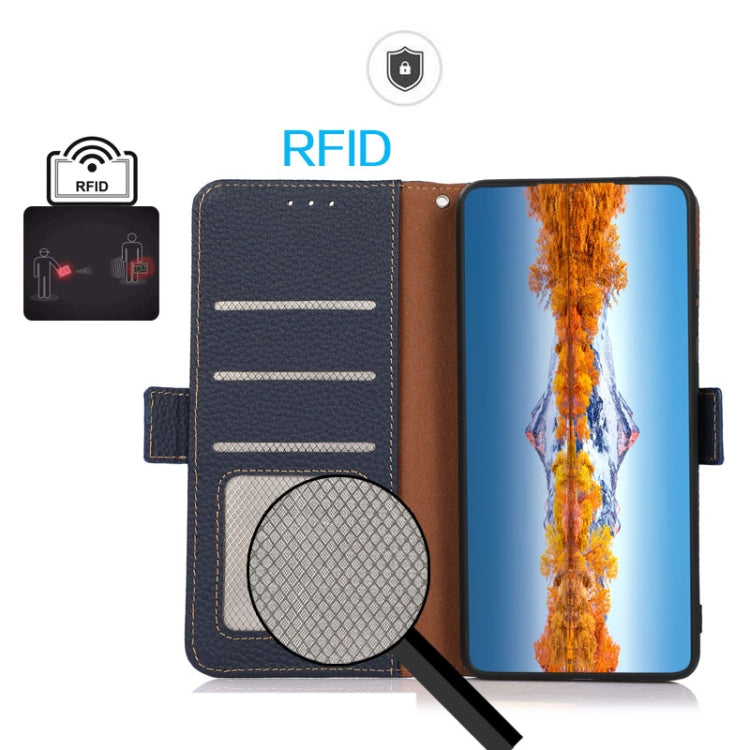 For Google Pixel 9a KHAZNEH Side-Magnetic Litchi Genuine Leather RFID Phone Case(Blue) - Google Cases by PMC TechLife | Online Shopping South Africa | PMC TechLife | Buy Now Pay Later Mobicred