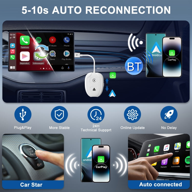 THT-020-9-1 USB + USB-C / Type-C Wired to Wireless Carplay / Android Auto Adapter(White) - free shipping - PMC TechLife - Order now!
