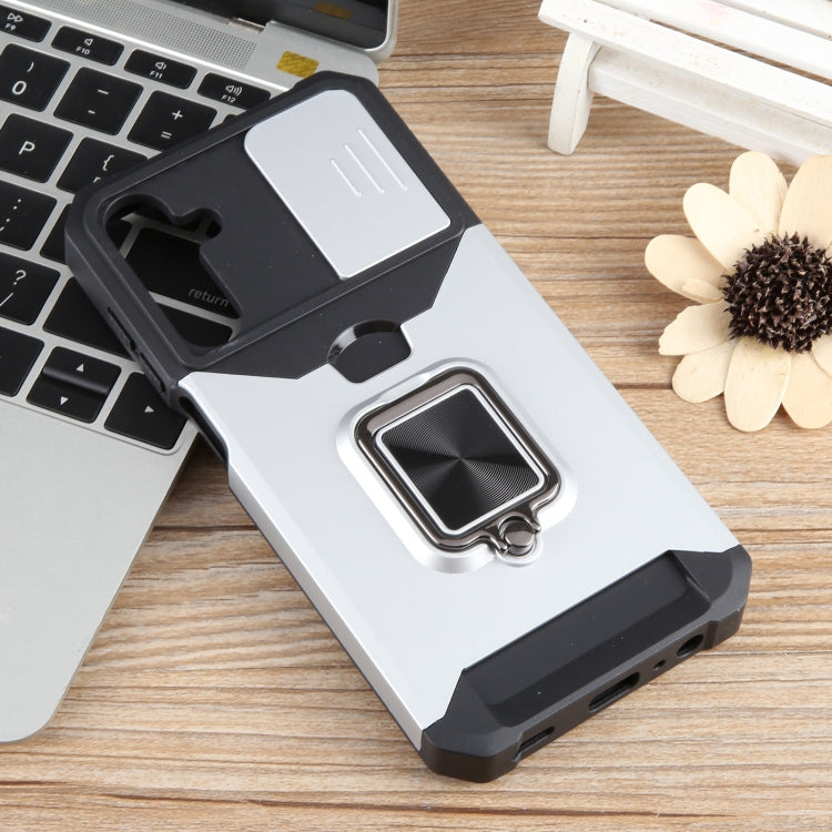 For Samsung Galaxy A15 Camera Shield Card Slot PC+TPU Phone Case(Silver) - Galaxy Phone Cases by PMC TechLife | Online Shopping South Africa | PMC TechLife