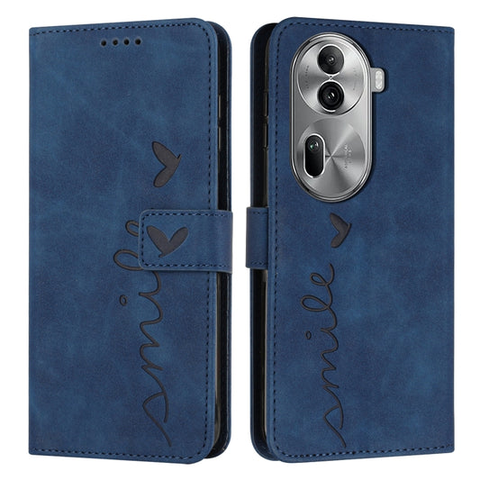 For OPPO Reno11 Pro Global Skin Feel Heart Embossed Leather Phone Case with Long Lanyard(Blue) - Reno11 Pro Cases by PMC Jewellery | Online Shopping South Africa | PMC Jewellery | Buy Now Pay Later Mobicred
