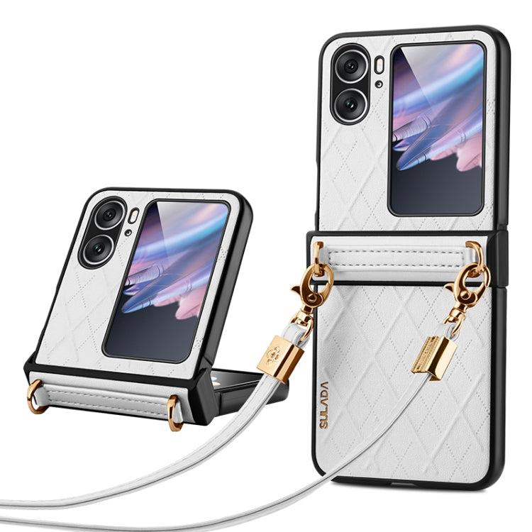For OPPO Find N2 Flip SULADA Elegant Rhombic Texture Folding Phone Case with Lanyard(White) - Find N2 Flip Cases by SULADA | Online Shopping South Africa | PMC Jewellery | Buy Now Pay Later Mobicred
