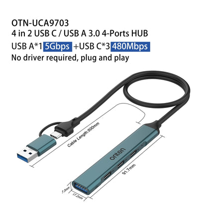 Onten UCA9703 4 in 2 USB 3.0 + Type-C to 3 Type-C + USB HUB Docking Station (Pine Needle Green) - USB 3.0 HUB by Onten | Online Shopping South Africa | PMC Jewellery | Buy Now Pay Later Mobicred