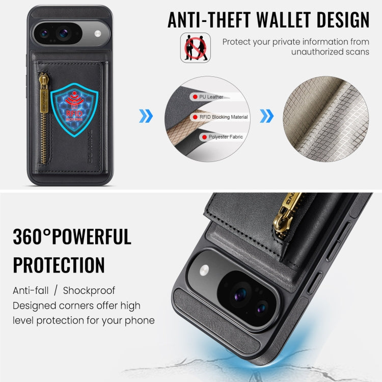 For Google Pixel 9 / 9 Pro DG.MING M5 Series Zip RFID Multi Card Detachable Leather Phone Case(Black) - Google Cases by DG.MING | Online Shopping South Africa | PMC Jewellery | Buy Now Pay Later Mobicred