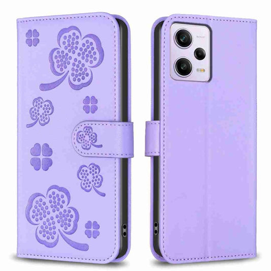 For Xiaomi Redmi Note 12 Pro 5G Global Four-leaf Embossed Leather Phone Case(Purple) - Xiaomi Cases by PMC Jewellery | Online Shopping South Africa | PMC Jewellery | Buy Now Pay Later Mobicred