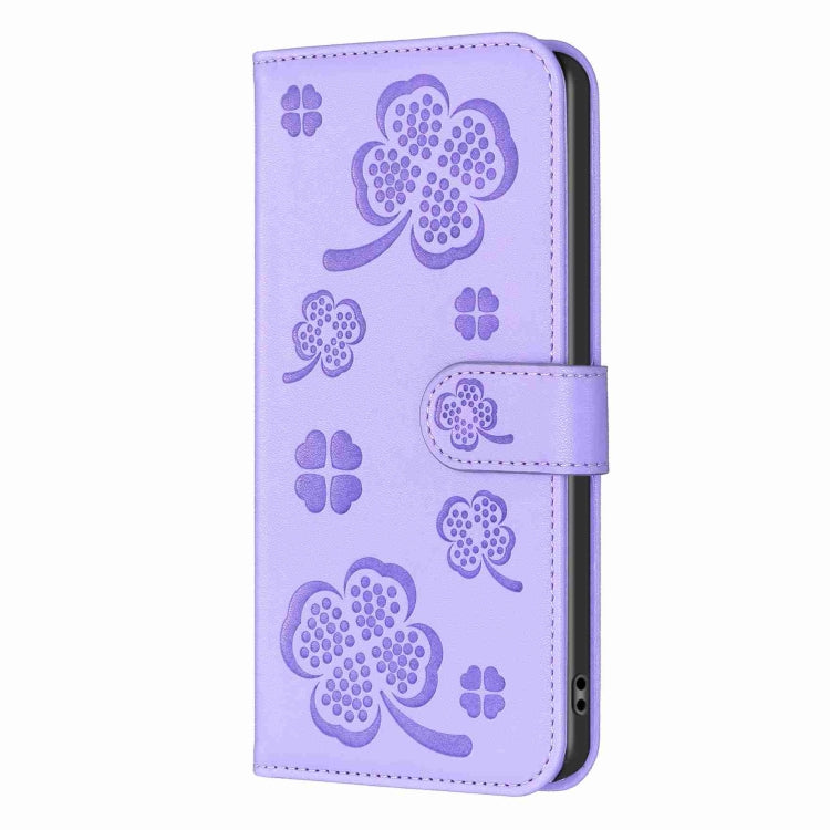 For Xiaomi Redmi Note 12 Pro 5G Global Four-leaf Embossed Leather Phone Case(Purple) - Xiaomi Cases by PMC Jewellery | Online Shopping South Africa | PMC Jewellery | Buy Now Pay Later Mobicred