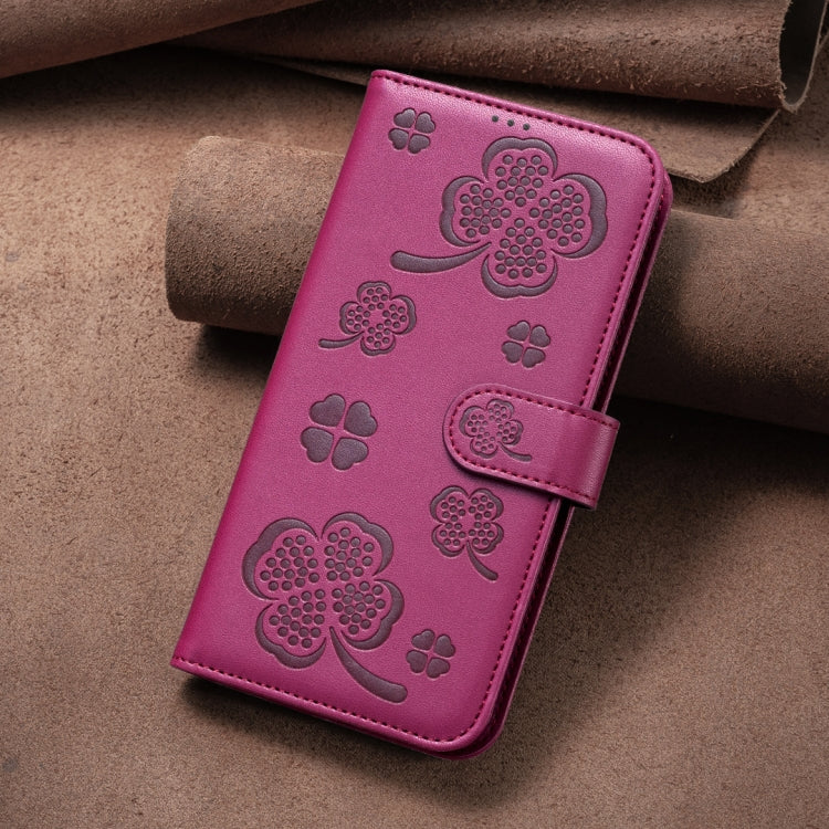 For Xiaomi Redmi A3 Four-leaf Embossed Leather Phone Case(Rose Red) - Xiaomi Cases by PMC TechLife | Online Shopping South Africa | PMC TechLife | Buy Now Pay Later Mobicred