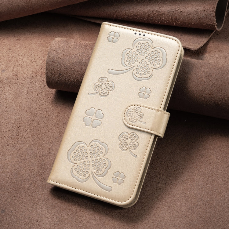 For iPhone 16 Plus Four-leaf Embossed Leather Phone Case(Gold) - iPhone 16 Plus Cases by PMC Jewellery | Online Shopping South Africa | PMC Jewellery | Buy Now Pay Later Mobicred