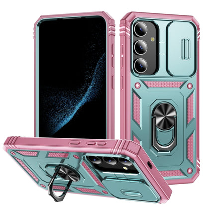 For Samsung Galaxy S24+ 5G Sliding Camshield TPU + PC Phone Case with Holder(Green+Pink) - Galaxy S24+ 5G Cases by PMC Jewellery | Online Shopping South Africa | PMC Jewellery