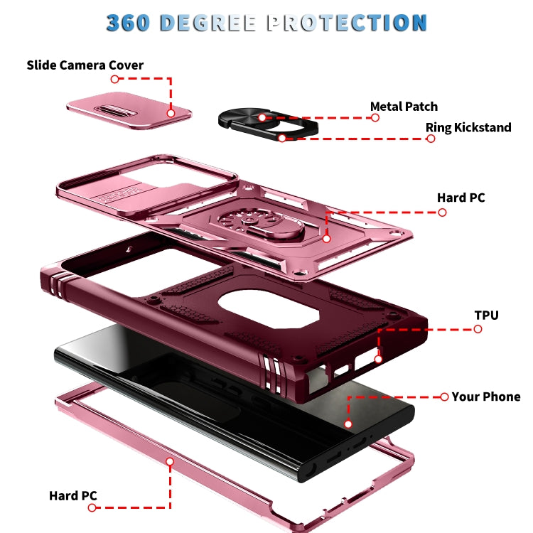 For Samsung Galaxy S24 Ultra 5G Sliding Camshield TPU + PC Phone Case with Holder(Pink+Rose Red) - Galaxy S24 Ultra 5G Cases by PMC Jewellery | Online Shopping South Africa | PMC Jewellery