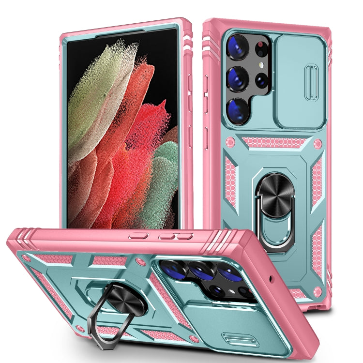 For Samsung Galaxy S24 Ultra 5G Sliding Camshield TPU + PC Phone Case with Holder(Green+Pink) - Galaxy S24 Ultra 5G Cases by PMC Jewellery | Online Shopping South Africa | PMC Jewellery