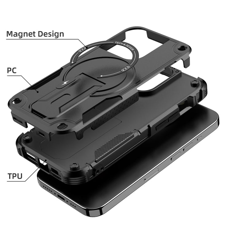 For iPhone 15 Plus MagSafe Holder Armor PC Hybrid TPU Phone Case(Black) - iPhone 15 Plus Cases by PMC TechLife | Online Shopping South Africa | PMC TechLife