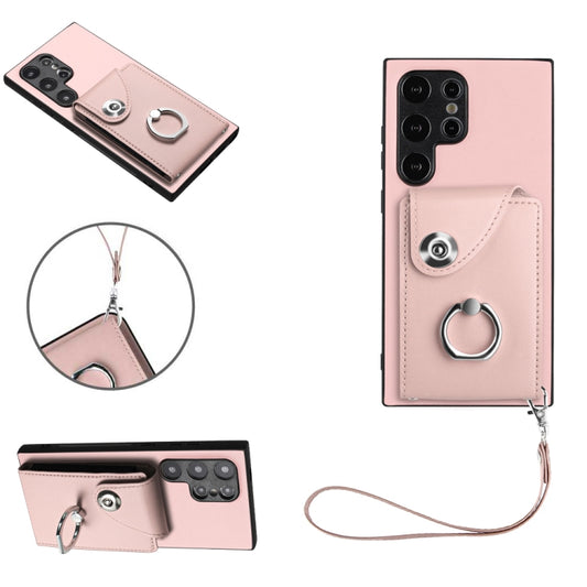 For Samsung Galaxy S24 Ultra 5G Organ Card Bag Ring Holder PU Phone Case with Lanyard(Pink) - Galaxy S24 Ultra 5G Cases by PMC Jewellery | Online Shopping South Africa | PMC Jewellery