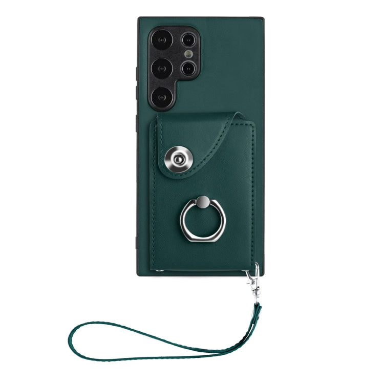 For Samsung Galaxy S24 Ultra 5G Organ Card Bag Ring Holder PU Phone Case with Lanyard(Green) - Galaxy S24 Ultra 5G Cases by PMC Jewellery | Online Shopping South Africa | PMC Jewellery