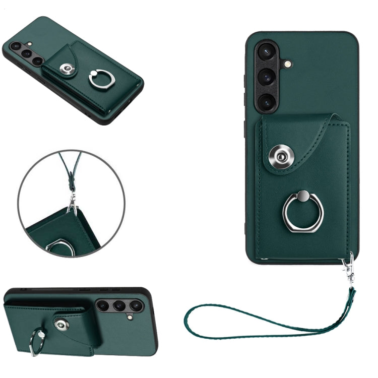 For Samsung Galaxy S24+ 5G Organ Card Bag Ring Holder PU Phone Case with Lanyard(Green) - Galaxy S24+ 5G Cases by PMC Jewellery | Online Shopping South Africa | PMC Jewellery