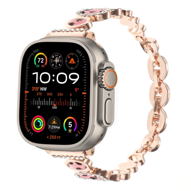 For Apple Watch Ultra 49mm Leopard Rhinestones Metal Chain Watch Band(Rose Gold) - Watch Bands by PMC Jewellery | Online Shopping South Africa | PMC Jewellery