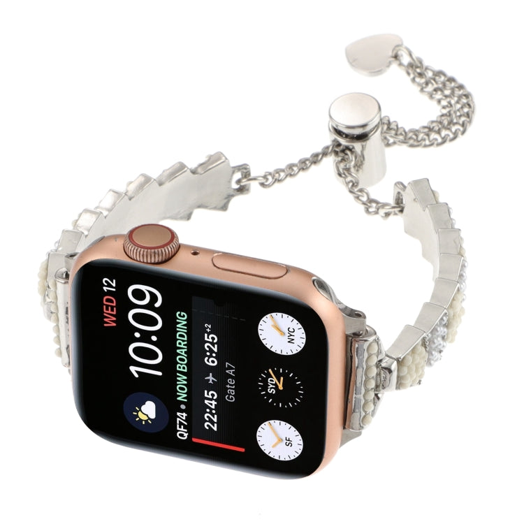 For Apple Watch SE 2023 40mm Shell Beads Chain Bracelet Metal Watch Band(Beige White Silver) - Watch Bands by PMC Jewellery | Online Shopping South Africa | PMC Jewellery