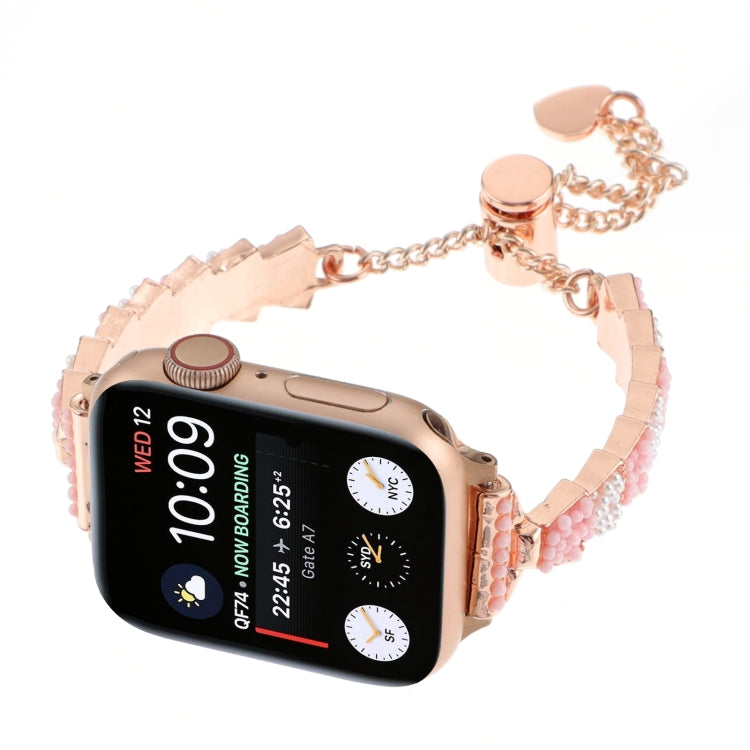 For Apple Watch Series 8 41mm Shell Beads Chain Bracelet Metal Watch Band(Pink White Rose Gold) - Watch Bands by PMC Jewellery | Online Shopping South Africa | PMC Jewellery