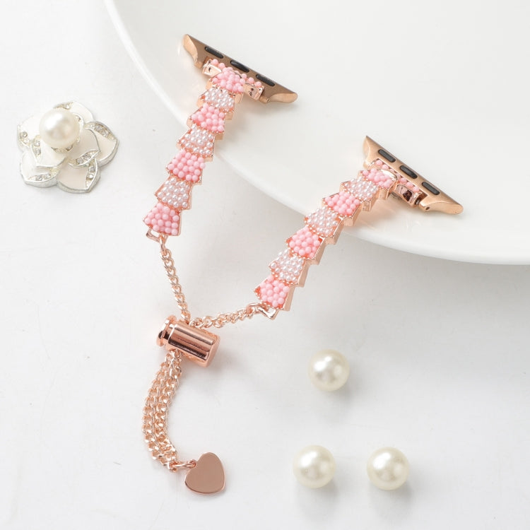 For Apple Watch SE 2022 40mm Shell Beads Chain Bracelet Metal Watch Band(Pink White Rose Gold) - Watch Bands by PMC Jewellery | Online Shopping South Africa | PMC Jewellery