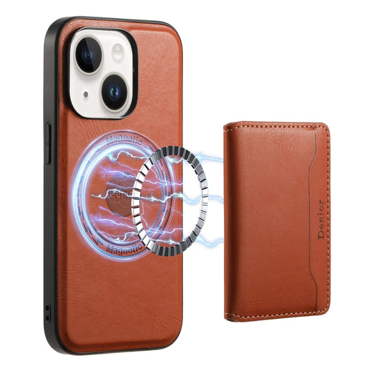 For iPhone 15 Plus Denior Cowhide Texture Leather MagSafe Detachable Wallet Phone Case(Brown) - iPhone 15 Plus Cases by Denior | Online Shopping South Africa | PMC Jewellery | Buy Now Pay Later Mobicred