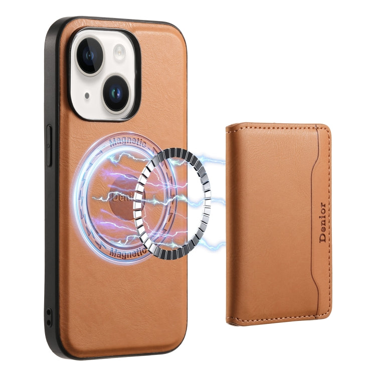 For iPhone 14 Denior Cowhide Texture Leather MagSafe Detachable Wallet Phone Case(Khaki) - iPhone 14 Cases by Denior | Online Shopping South Africa | PMC Jewellery | Buy Now Pay Later Mobicred