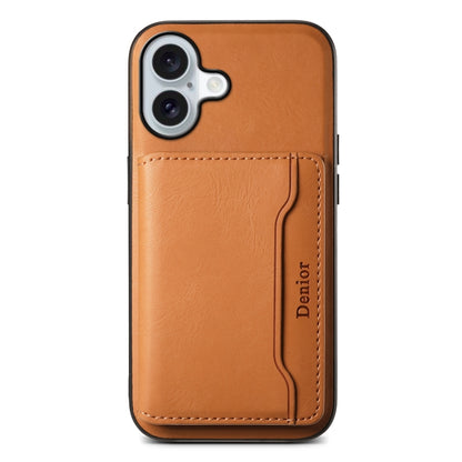 For iPhone 16 Denior Cowhide Texture Leather MagSafe Detachable Wallet Phone Case(Khaki) - iPhone 16 Cases by Denior | Online Shopping South Africa | PMC Jewellery | Buy Now Pay Later Mobicred