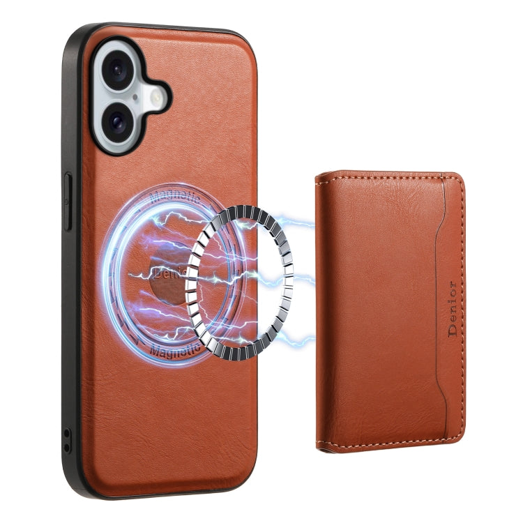 For iPhone 16 Plus Denior Cowhide Texture Leather MagSafe Detachable Wallet Phone Case(Brown) - iPhone 16 Plus Cases by Denior | Online Shopping South Africa | PMC TechLife | Buy Now Pay Later Mobicred
