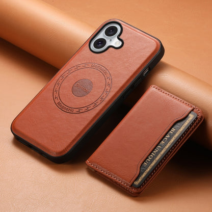 For iPhone 16 Plus Denior Cowhide Texture Leather MagSafe Detachable Wallet Phone Case(Brown) - iPhone 16 Plus Cases by Denior | Online Shopping South Africa | PMC Jewellery | Buy Now Pay Later Mobicred